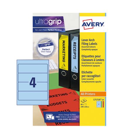 Avery Lever Arch Spine Labels 4 Labels/Sheet 200x60mm Assorted Box 20Sheets | L7171A-20